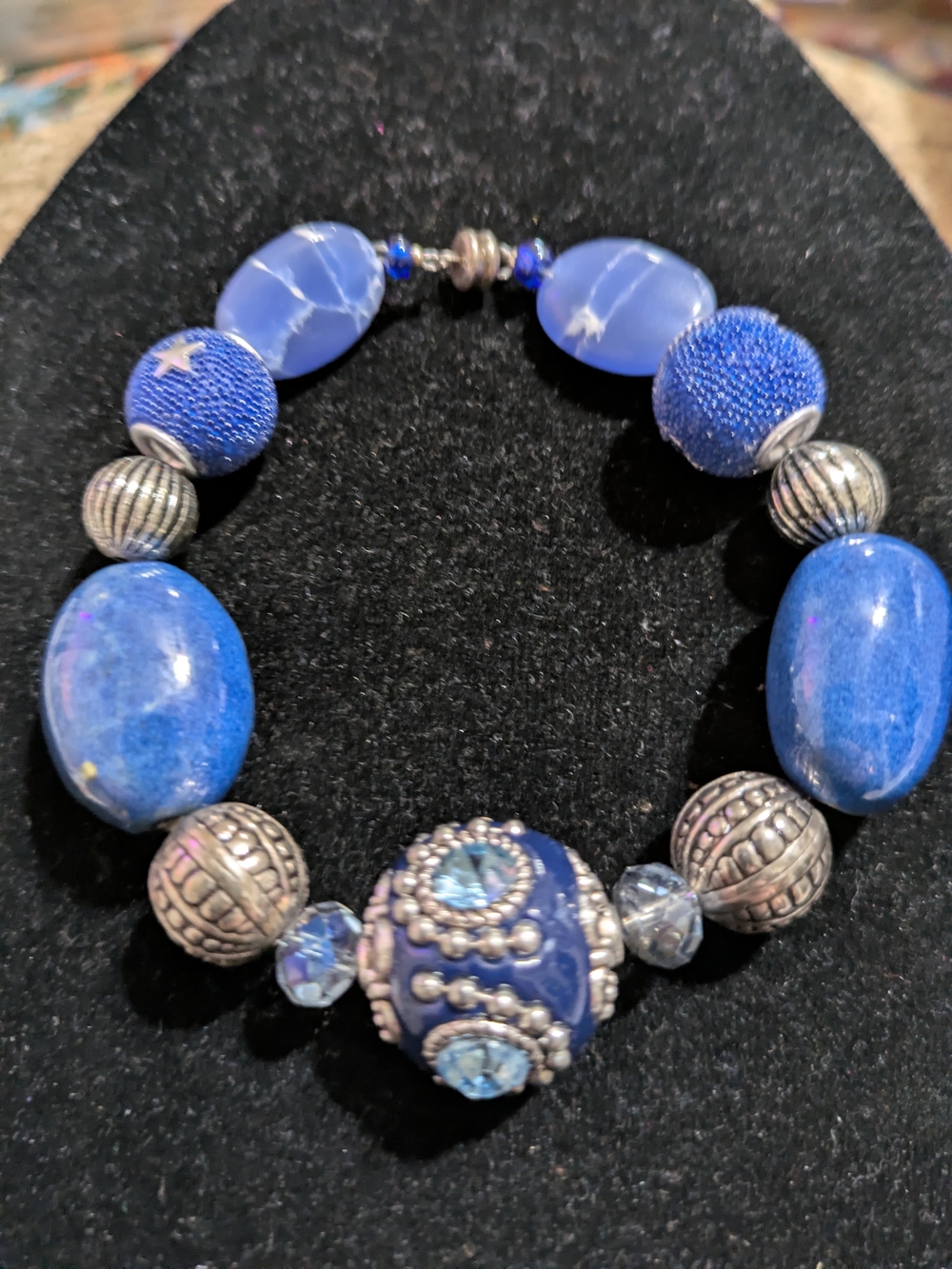 Blue Beaded Statement Stretch Bracelet - Unbranded